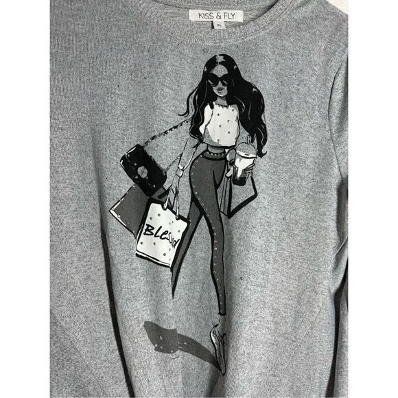 Kiss & Fly Bohemian Rhinestone Trim Women’s Sweater 3/4 Sleeve Gray Black Sz PL - Picture 2 of 11